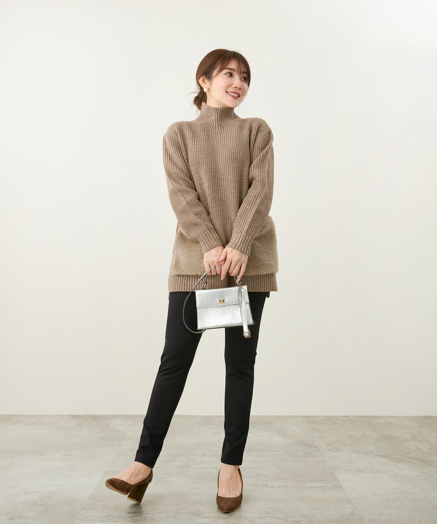 手洗い可/ハイネック/長袖/ローゲージ/スリット/体型カバー/上品/きれいめ/プルオーバー/ざっくりニット