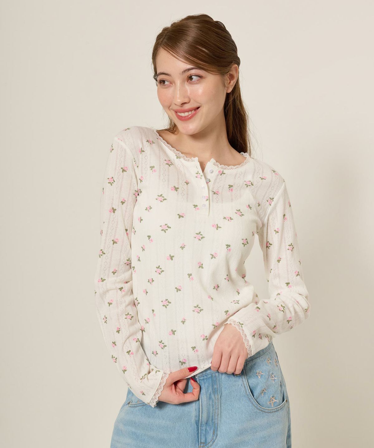 カットソー/ヘンリーネック/トップス/オフホワイト/グレー/レッド/ホワイト/オレンジベージュ