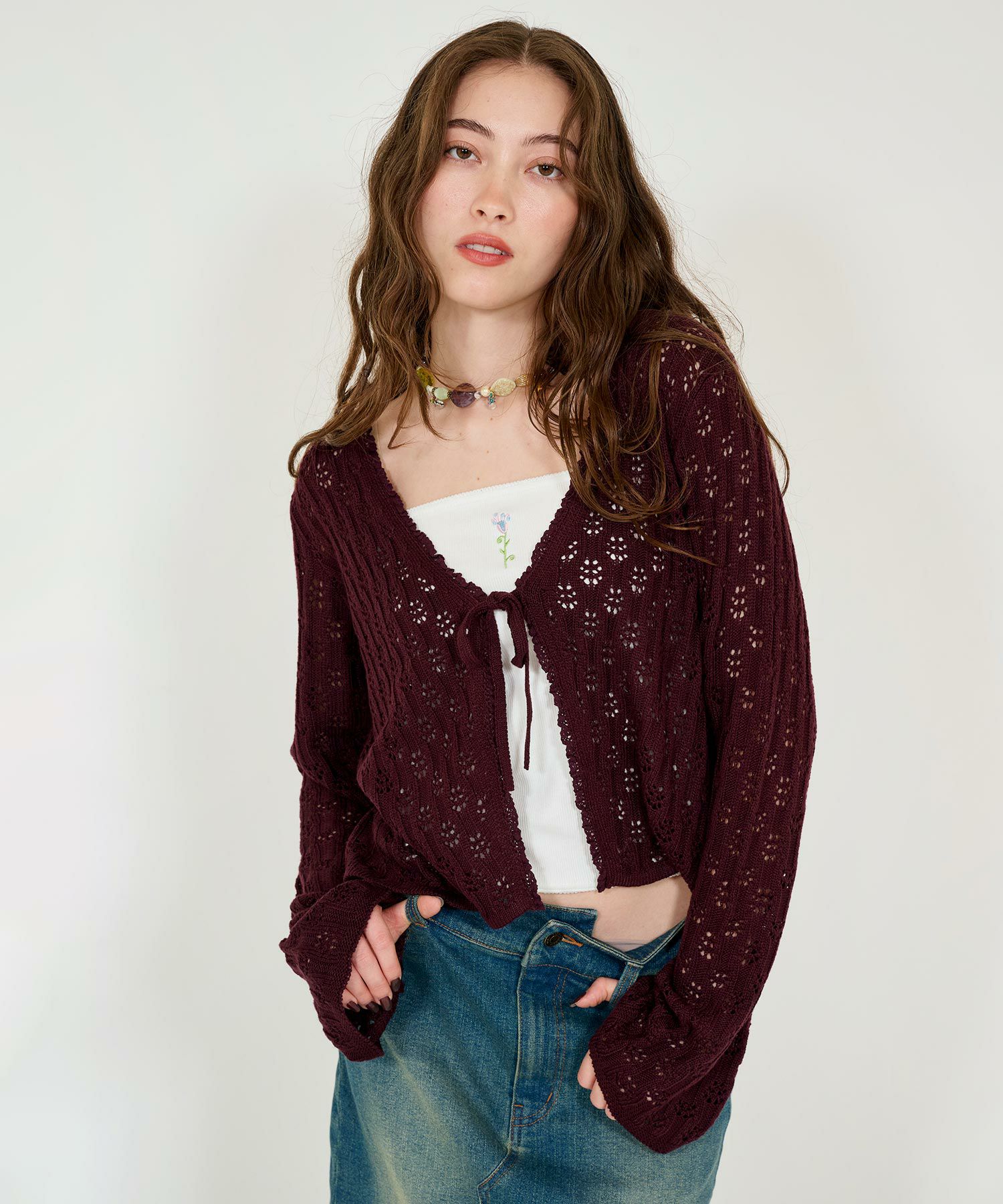 フロントリボン ニットカーディガン TINA：JOJUN 全3色｜tnj411-0580  