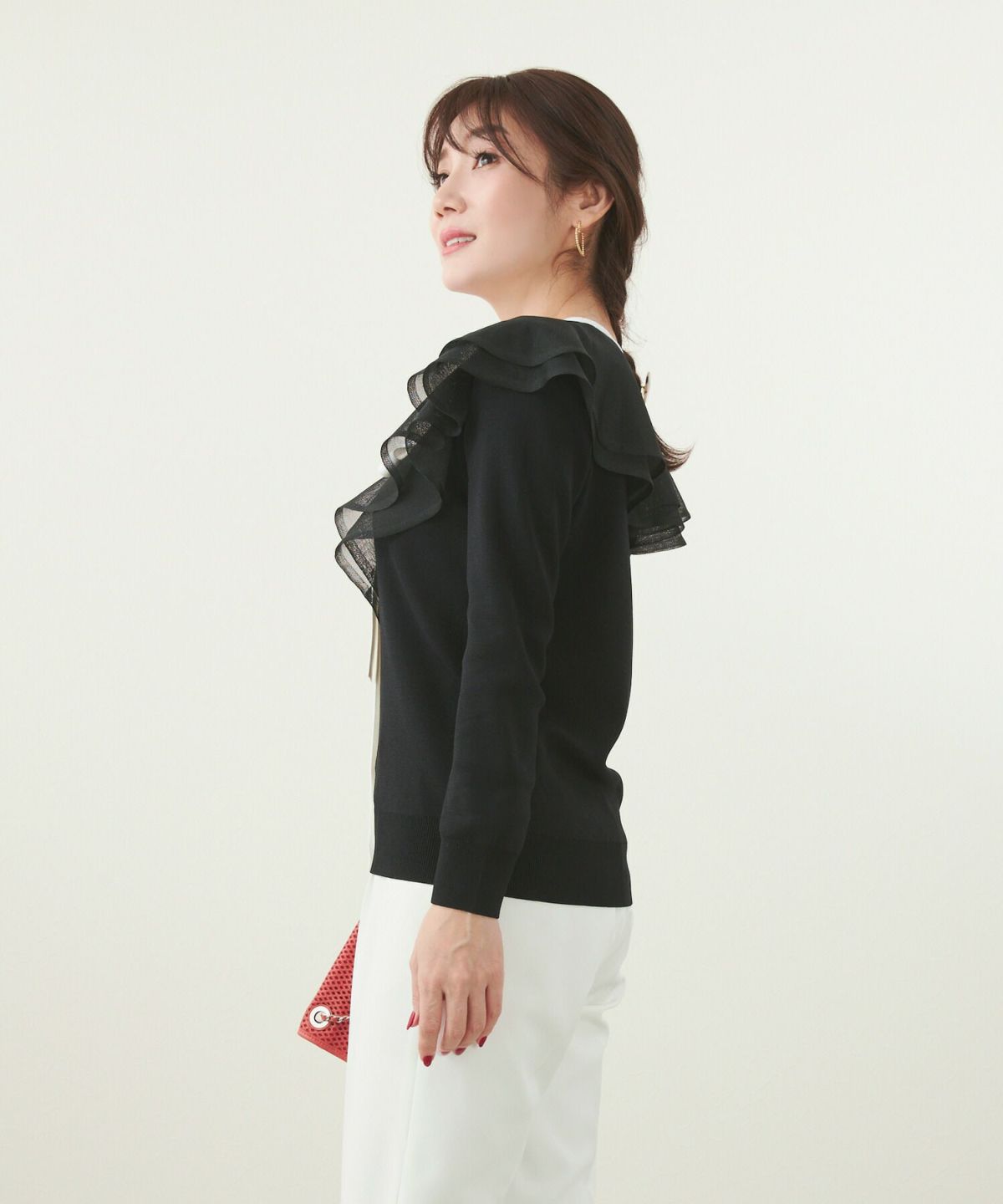 手洗い可/フリル/ボウタイ/リボン/配色/ニット/カーディガン/トップス/