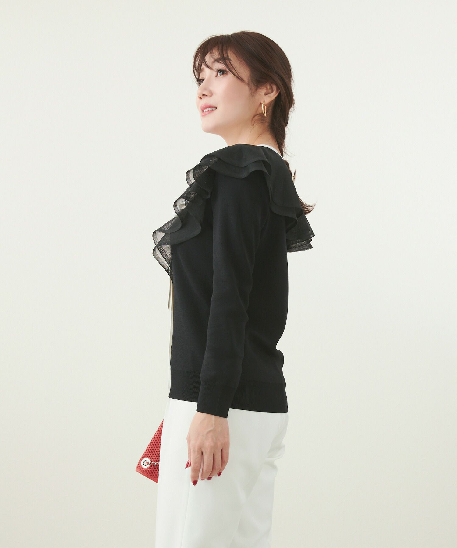 手洗い可/フリル/ボウタイ/リボン/配色/ニット/カーディガン/トップス/