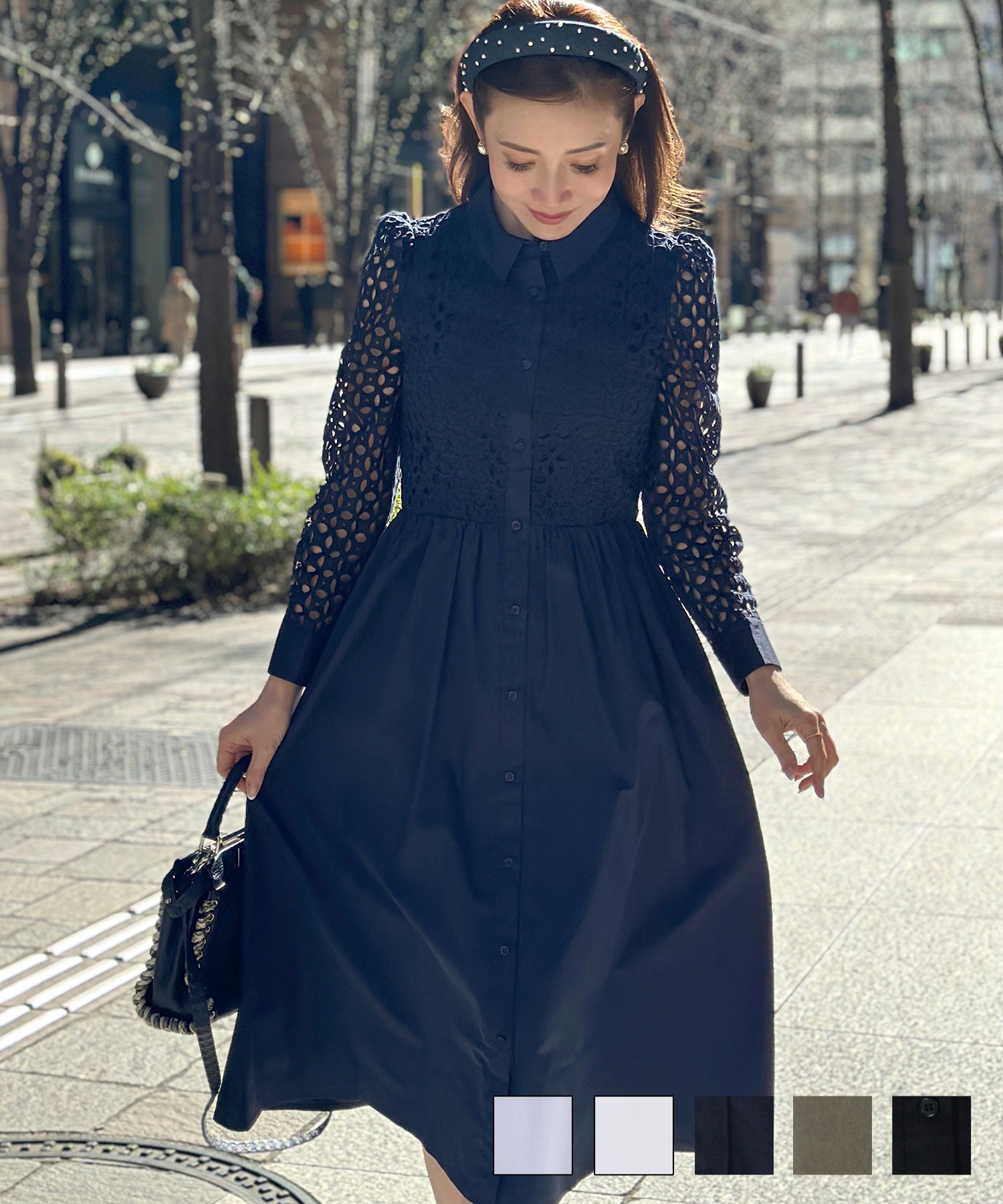 GWitem-SALE コットンレース 襟付き 長袖 ワンピース Liala×PG 全4色  