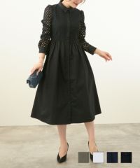 コットンレース襟付き長袖ワンピース