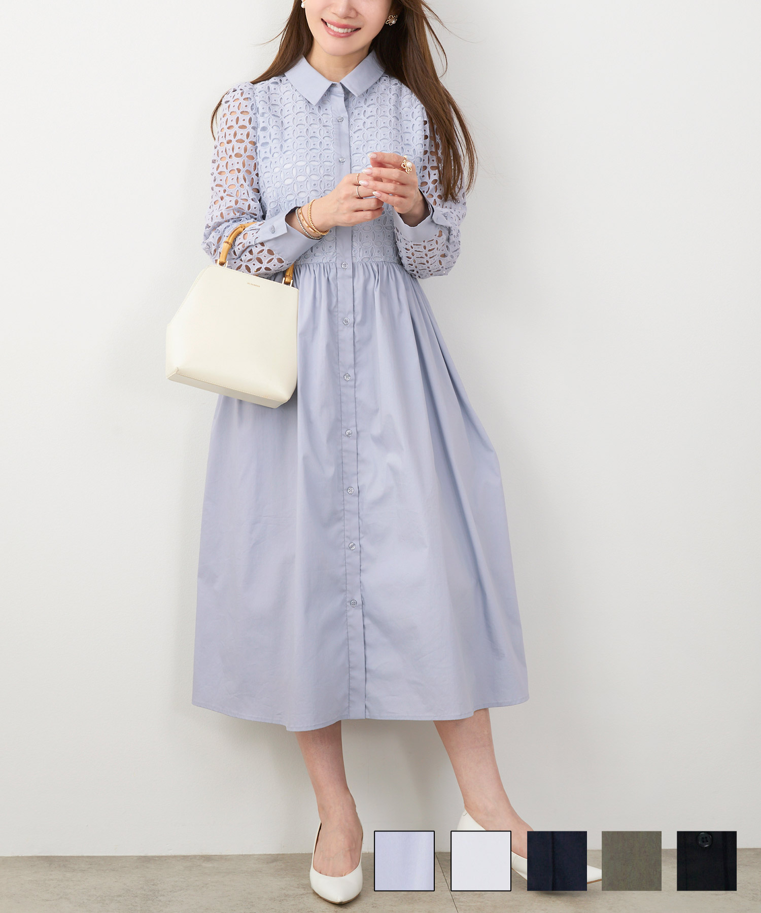 コットンレース襟付き長袖ワンピース