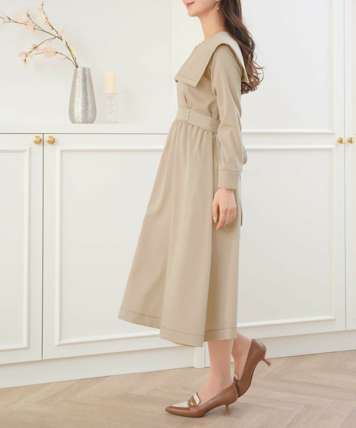 レディース/ワンピース/セーラー/衿/配色/ステッチ/パール/バックリボン/フレア/長袖/アフタヌーンティー/お出かけ/オケージョン/ヌン活/女子会/ベージュ/ネイビー/妊婦