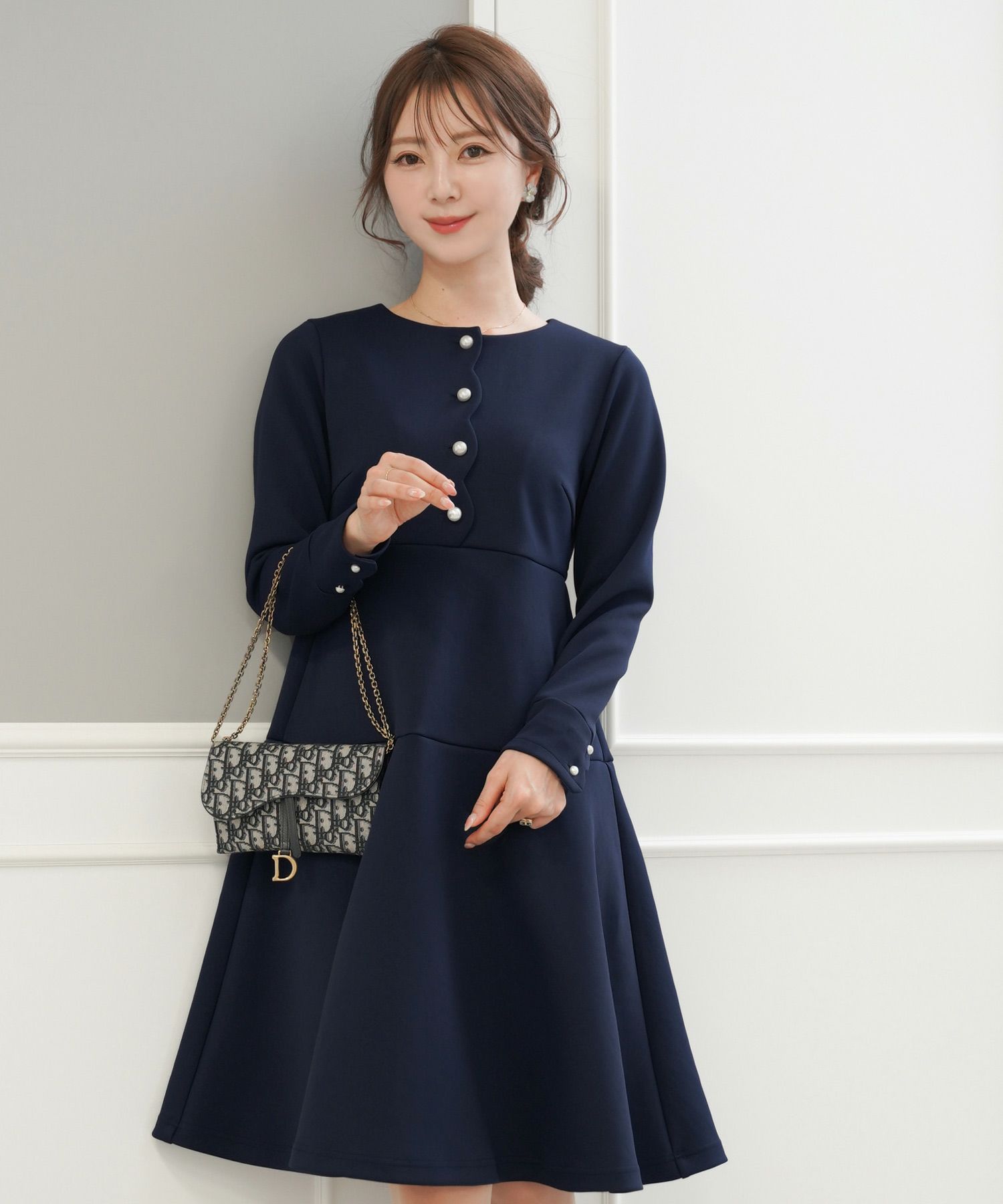 スカラップデザイン パール釦 フレアワンピース le reve vaniller 全2  