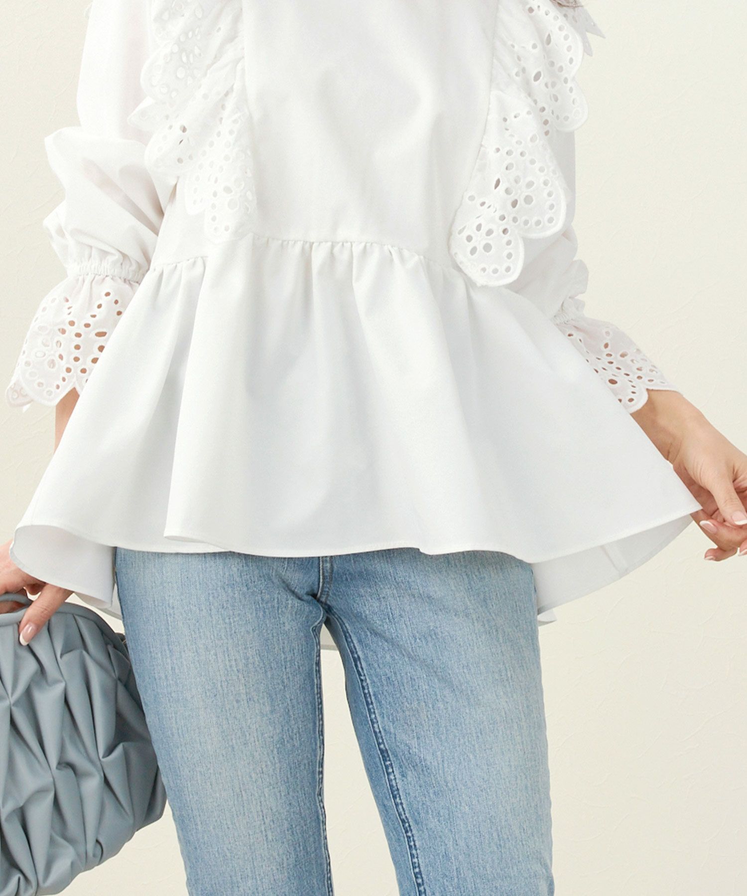 手洗い可/長袖/イレヘム/ペプラム/カットワークレース/コットンレース/スカラップレース/袖口ゴム/異素材/レース/フェミニン/大人可愛い