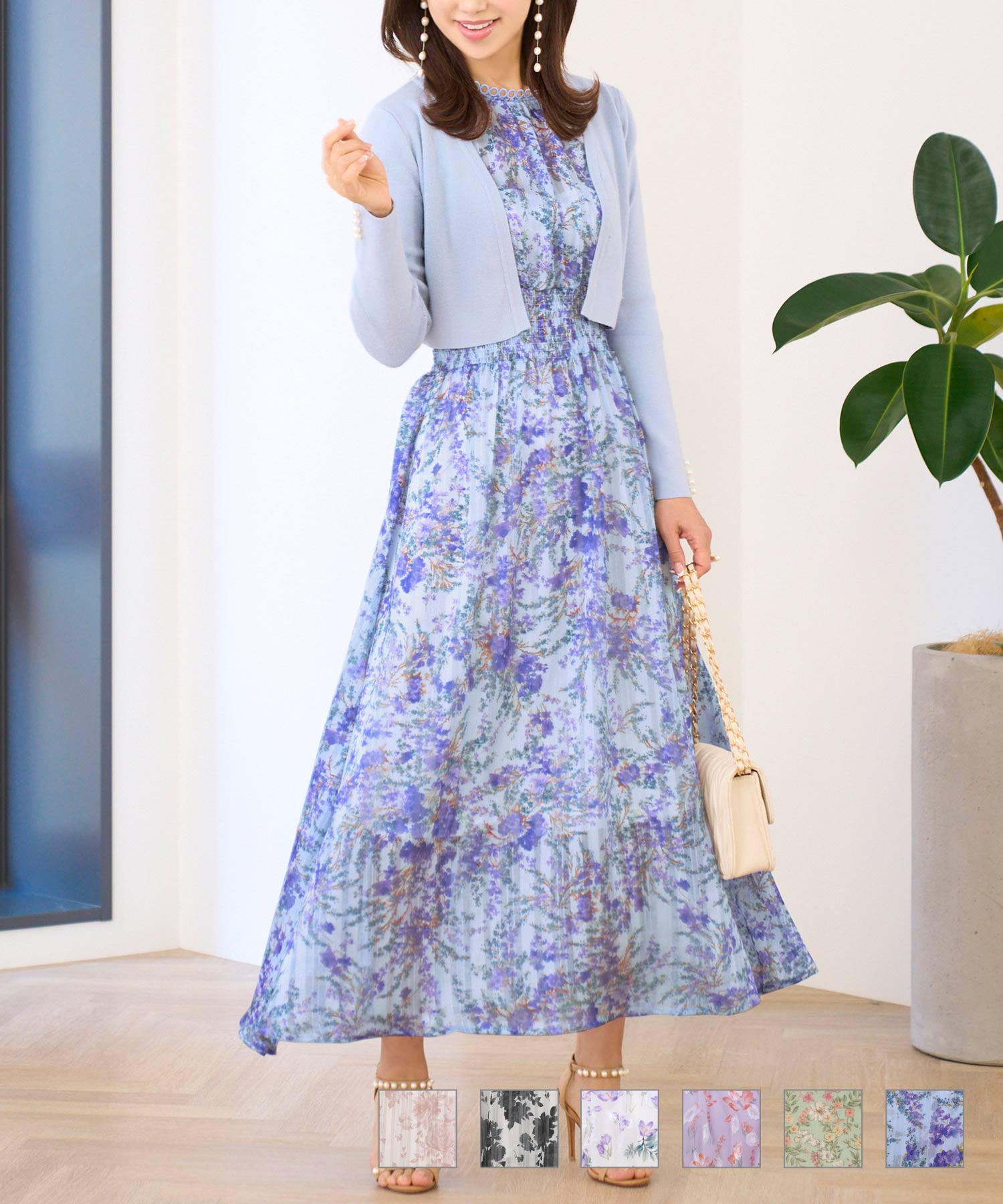 フラワープリント リングレース スタンドネック ワンピース Prima  