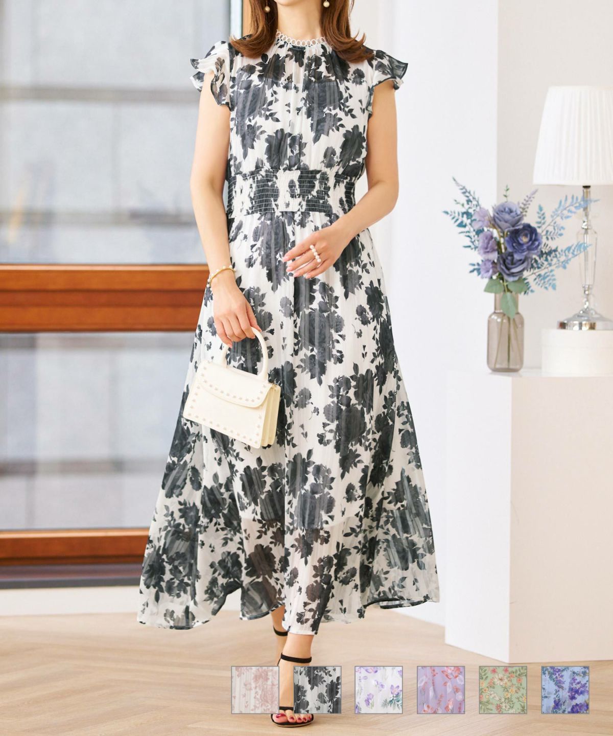 フラワープリントリングレーススタンドネックワンピースPrimaScherrer全3色｜psc311-0682【1】