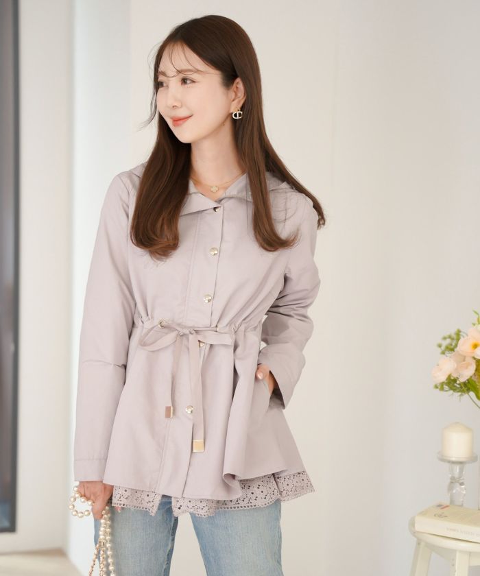 レディース/アウター/軽羽織/春コート/撥水/防水/雨具/ミドル丈/ロング丈/長袖/フード/ボタン/袖口ゴム/アイボリー/ネイビー/ブラック/上品/シンプル/レインコート/ゴールド/春/秋/雨の日/お出かけ/新色/バレンタイン/ピンク