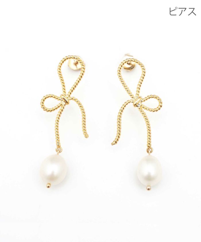 リボン ドロップ パール ピアス Ribbon Drop Pearl Pierce Earring