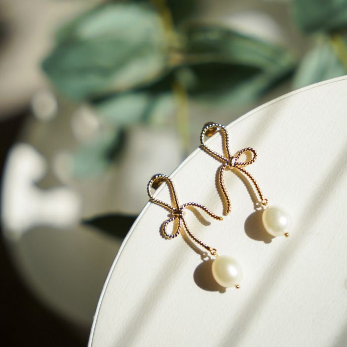 リボン ドロップ パール ピアス Ribbon Drop Pearl Pierce Earring