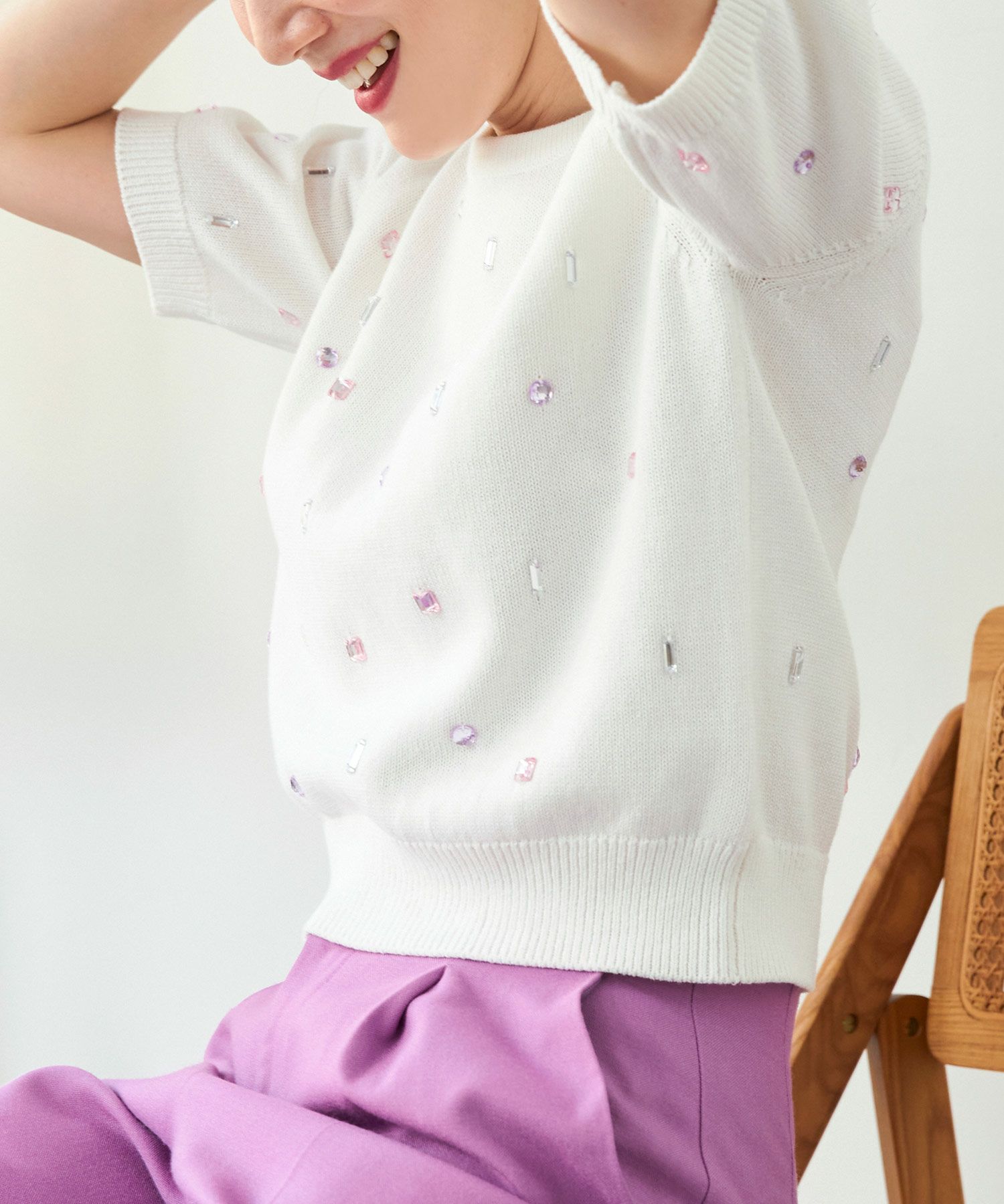 手洗い可/半袖/強撚コットン/エレガント/上品/きれいめ/ラウンドネック/ショート丈/短め