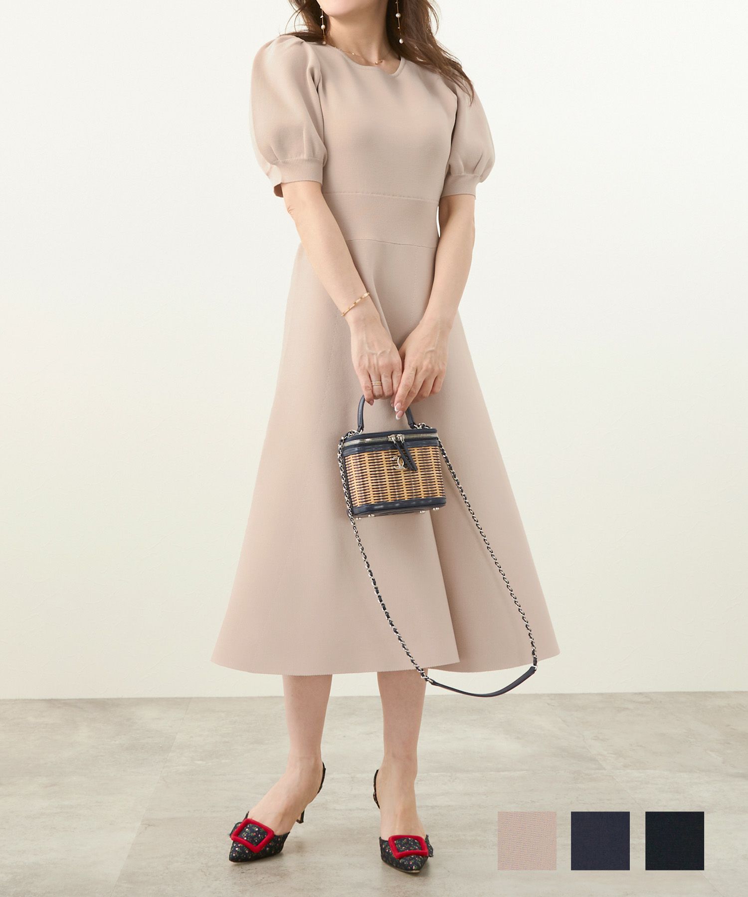 フィット＆フレア パフスリーブ ニット ワンピース Liala×PG 全3色 