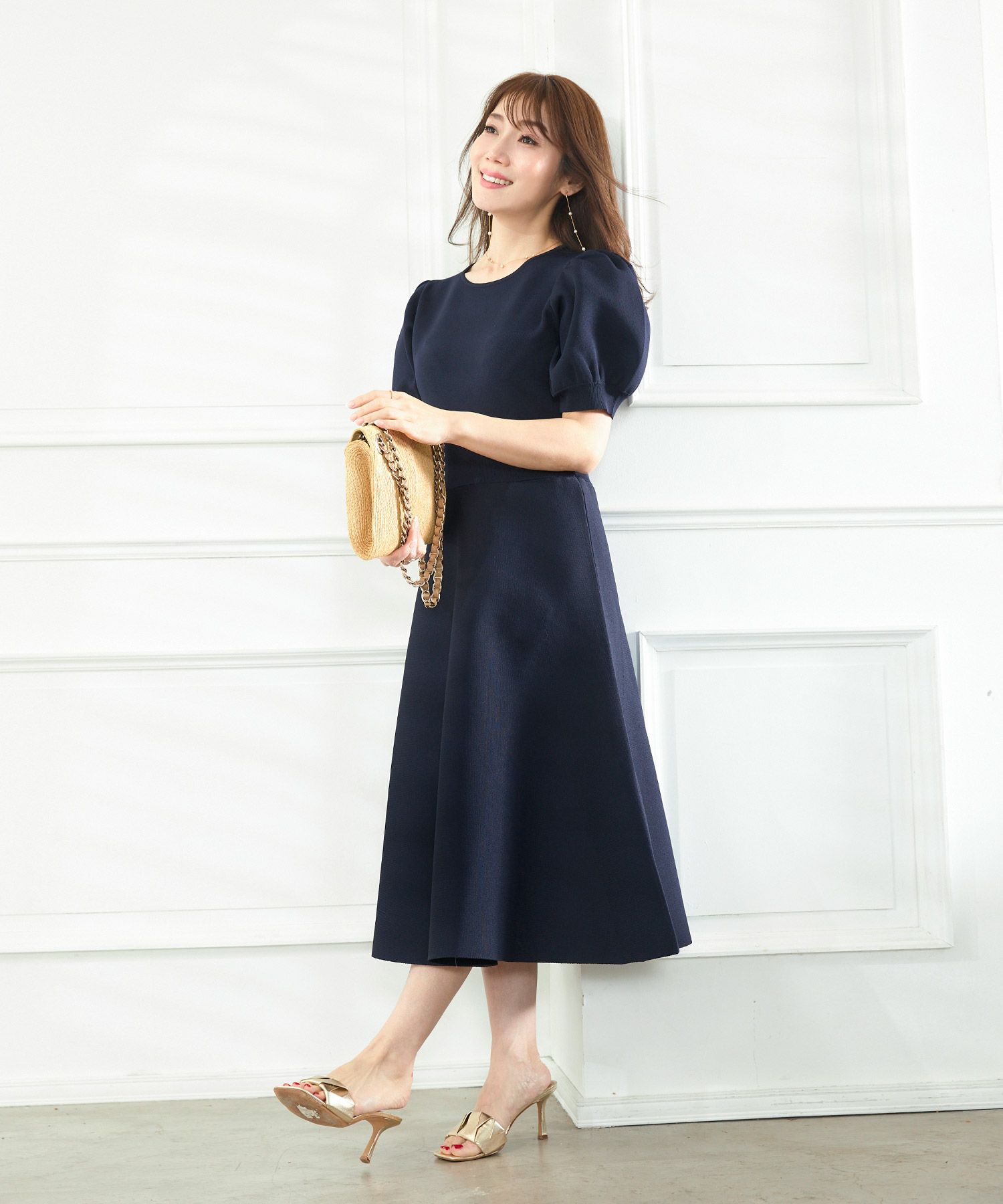 フィット＆フレア パフスリーブ ニット ワンピース Liala×PG 全3色  