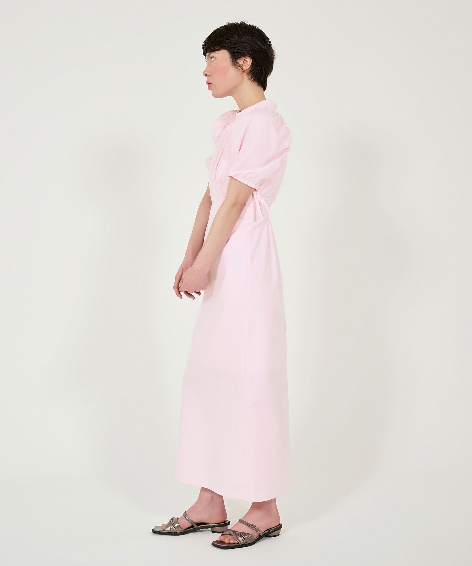 ワンピース/半袖/パフスリーブ/ロング丈/ピンク/サックス/チャコール