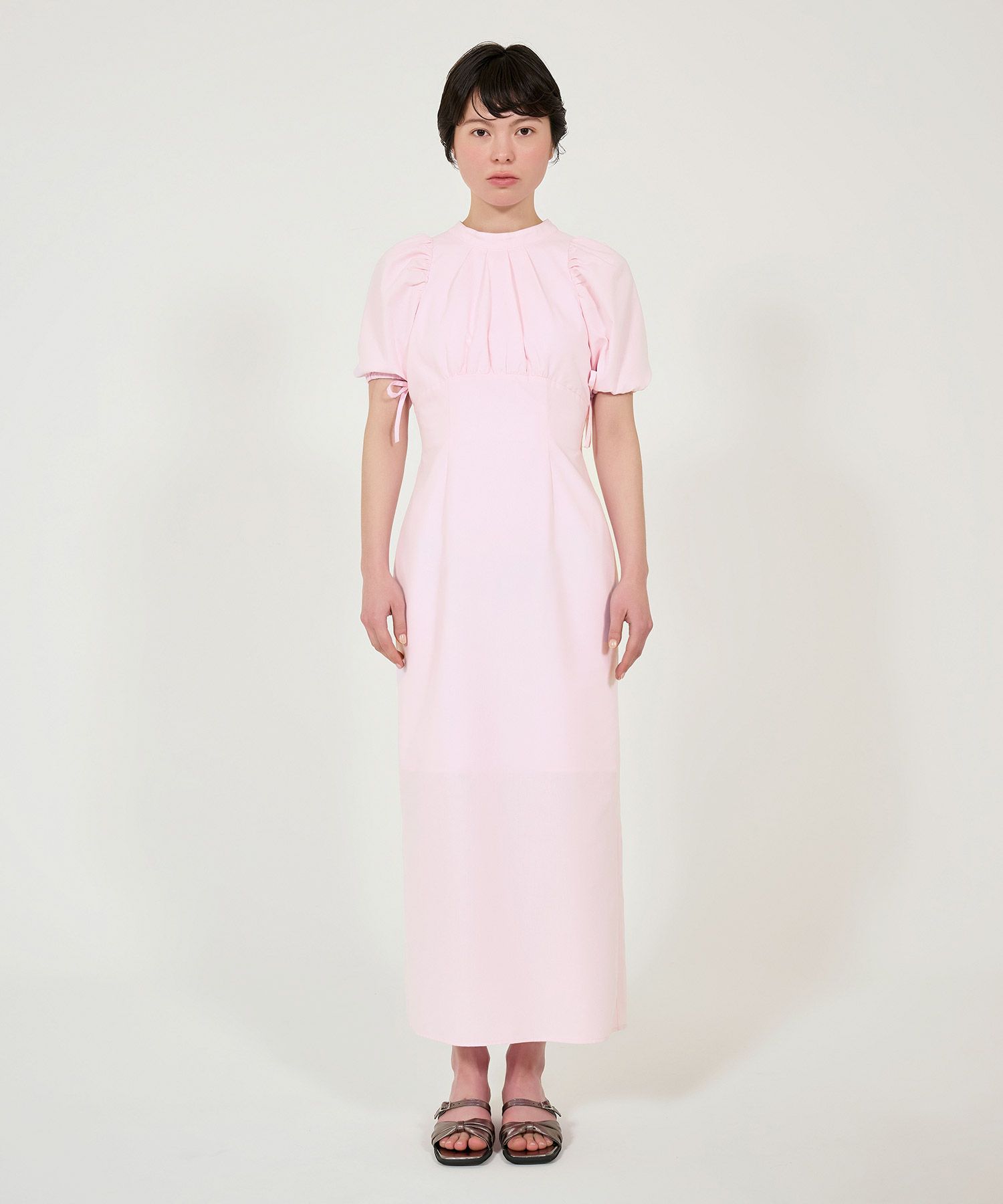 ワンピース/半袖/パフスリーブ/ロング丈/ピンク/サックス/チャコール