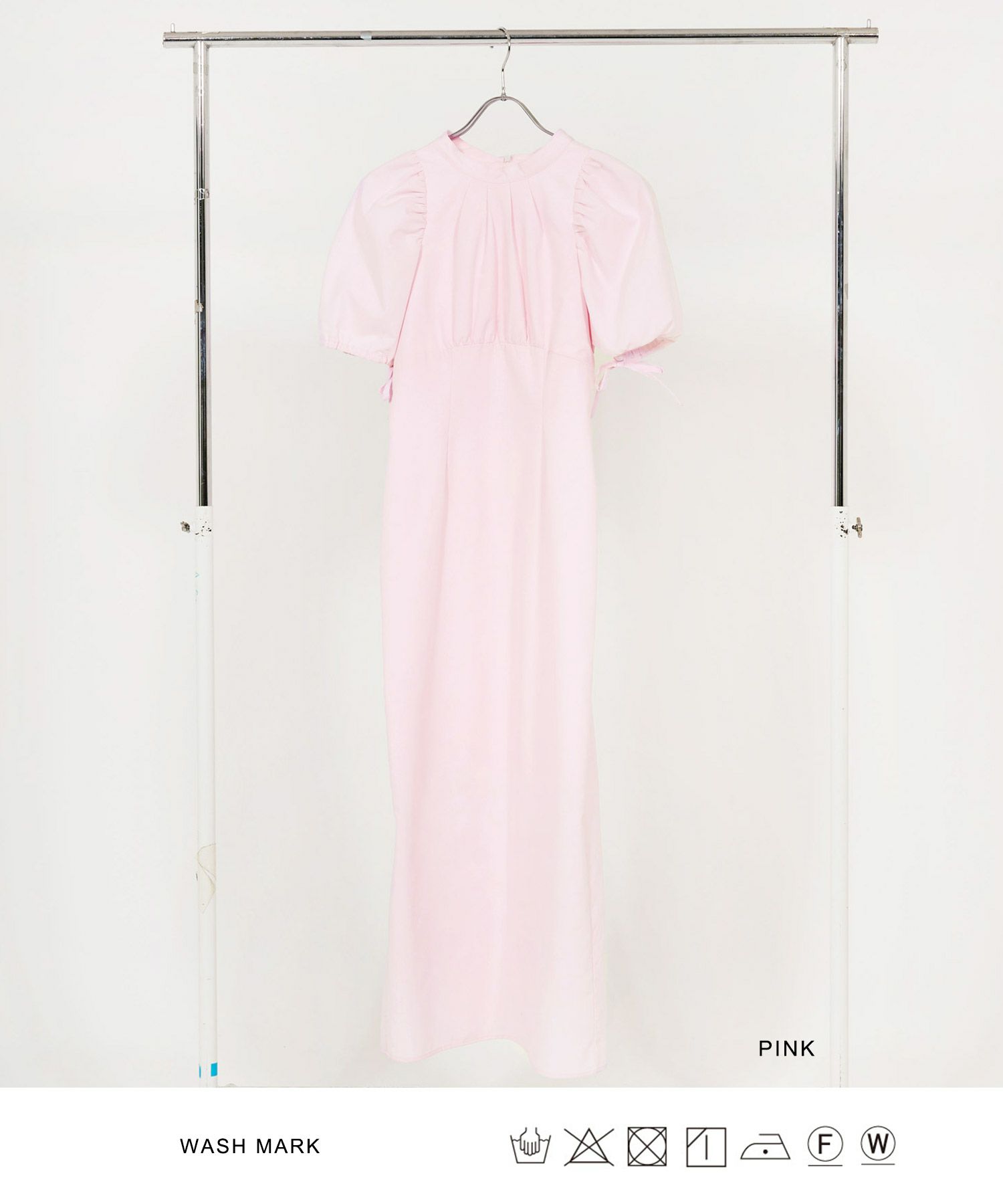 ワンピース/半袖/パフスリーブ/ロング丈/ピンク/サックス/チャコール