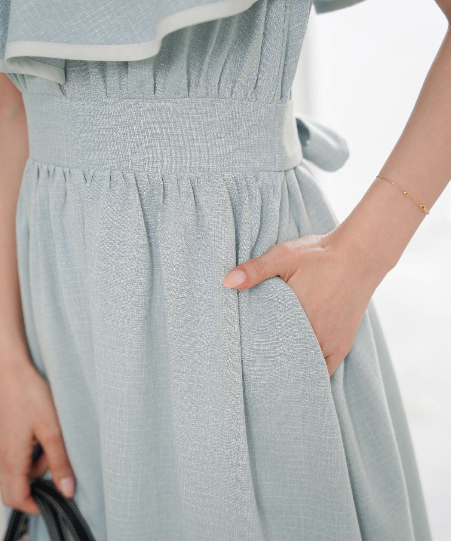 レディース/ワンピース/フリル/パイピング/パール/前あき/夏休み/海/お出かけ/リゾート/イエロー/ブルーグレー/グレー/華やか/夏/春/ハワイ/Hawaii/上品/エレガント/ピンク/可愛い/ヒット商品/トレンド/新色/ピンク/チャコール/サマー/バケーション