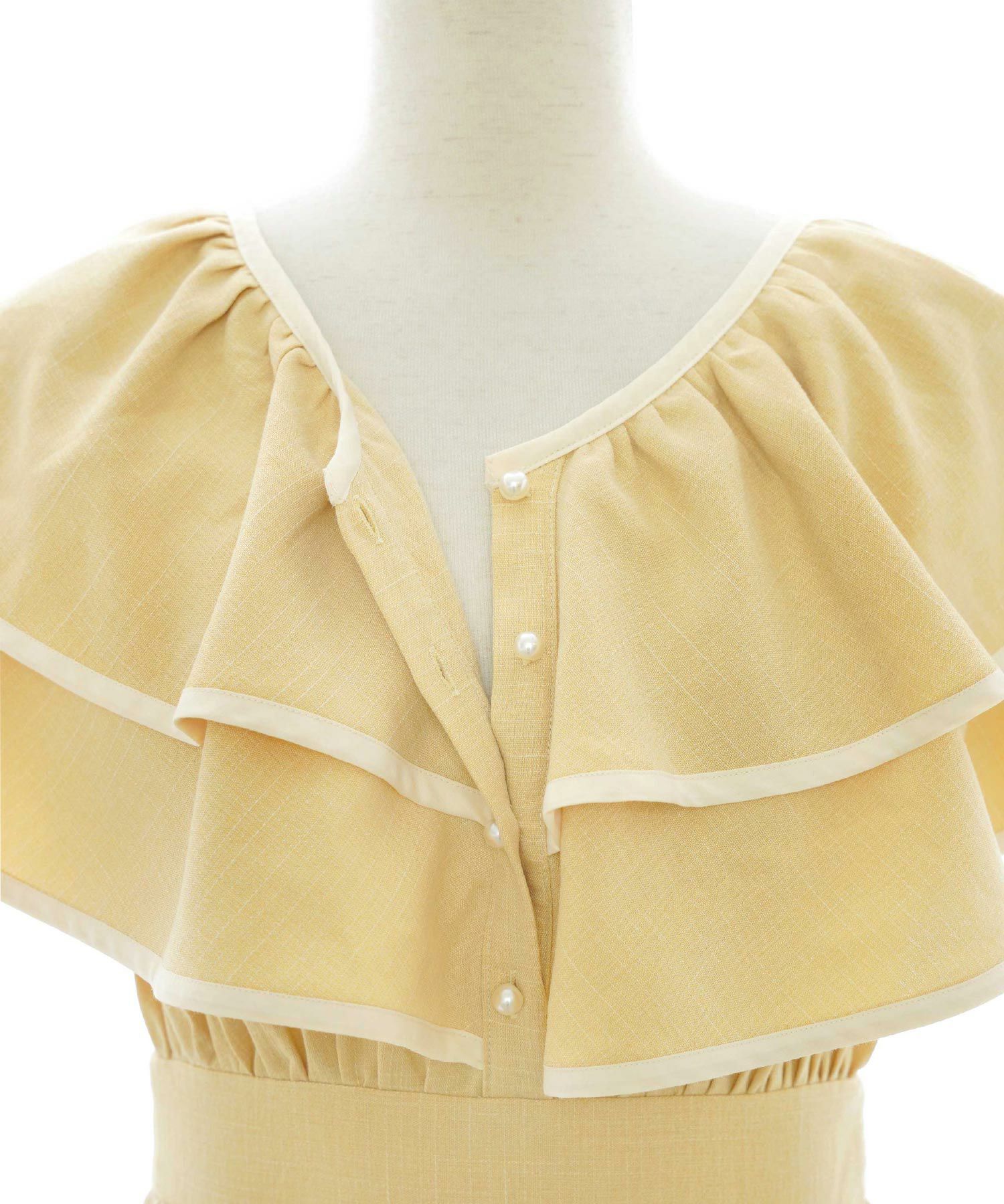 レディース/ワンピース/フリル/パイピング/パール/前あき/夏休み/海/お出かけ/リゾート/イエロー/ブルーグレー/グレー/華やか/夏/春/ハワイ/Hawaii/上品/エレガント/ピンク/可愛い/ヒット商品/トレンド/新色/ピンク/チャコール/サマー/バケーション