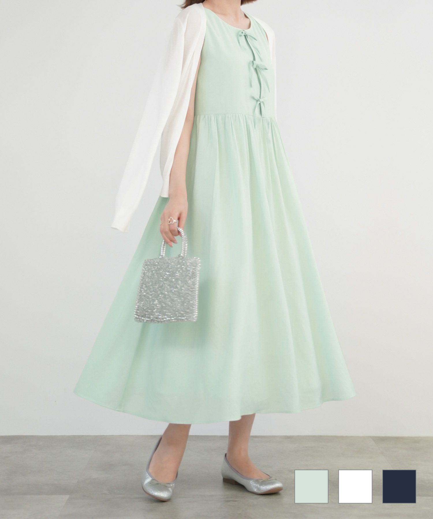 フロント リボン マキシ丈 ワンピース lieulien×miimii ホワイト/ネイビー