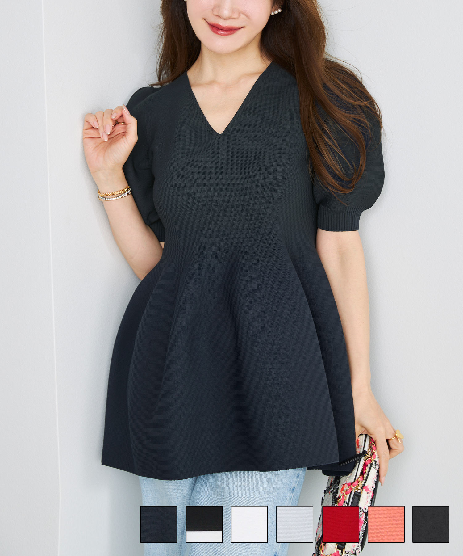 ホールガーメント半袖ペプラムプルオーバーLiala×PG