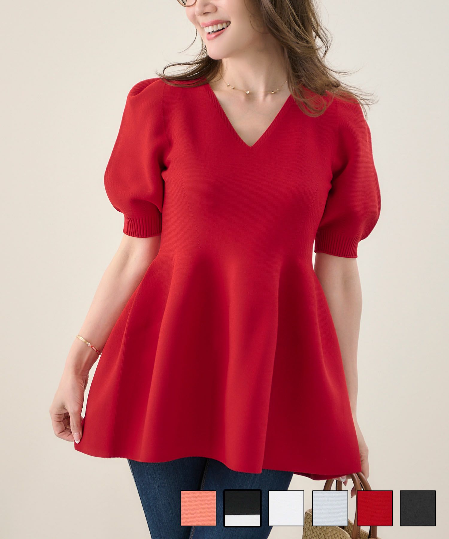 ホールガーメント半袖ペプラムプルオーバーLiala×PG