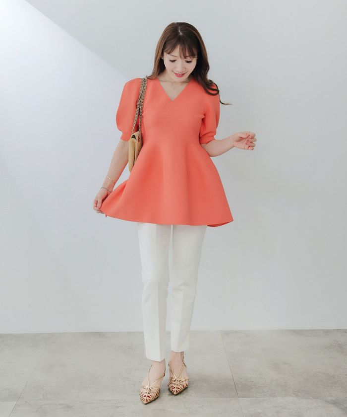 手洗い可/日本製/Vネック/ふんわり/チュニック/袖山ギャザー/パフ袖/大人可愛い/上品/きれいめ/シンプル/リラックス/体型カバー/美ライン/フレア