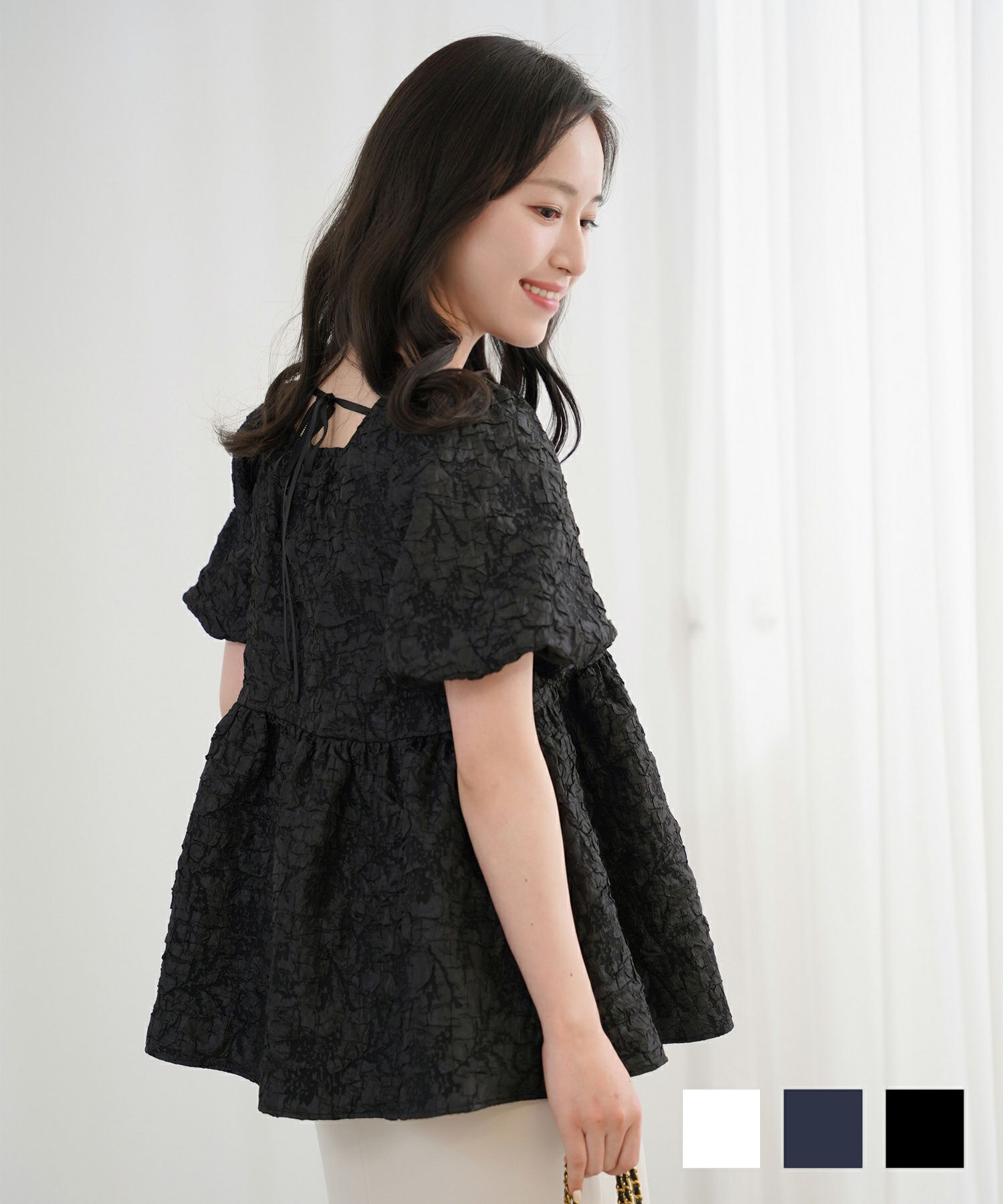 バックリボン ジャガード ペプラム トップス lieulien×momo 全3色  