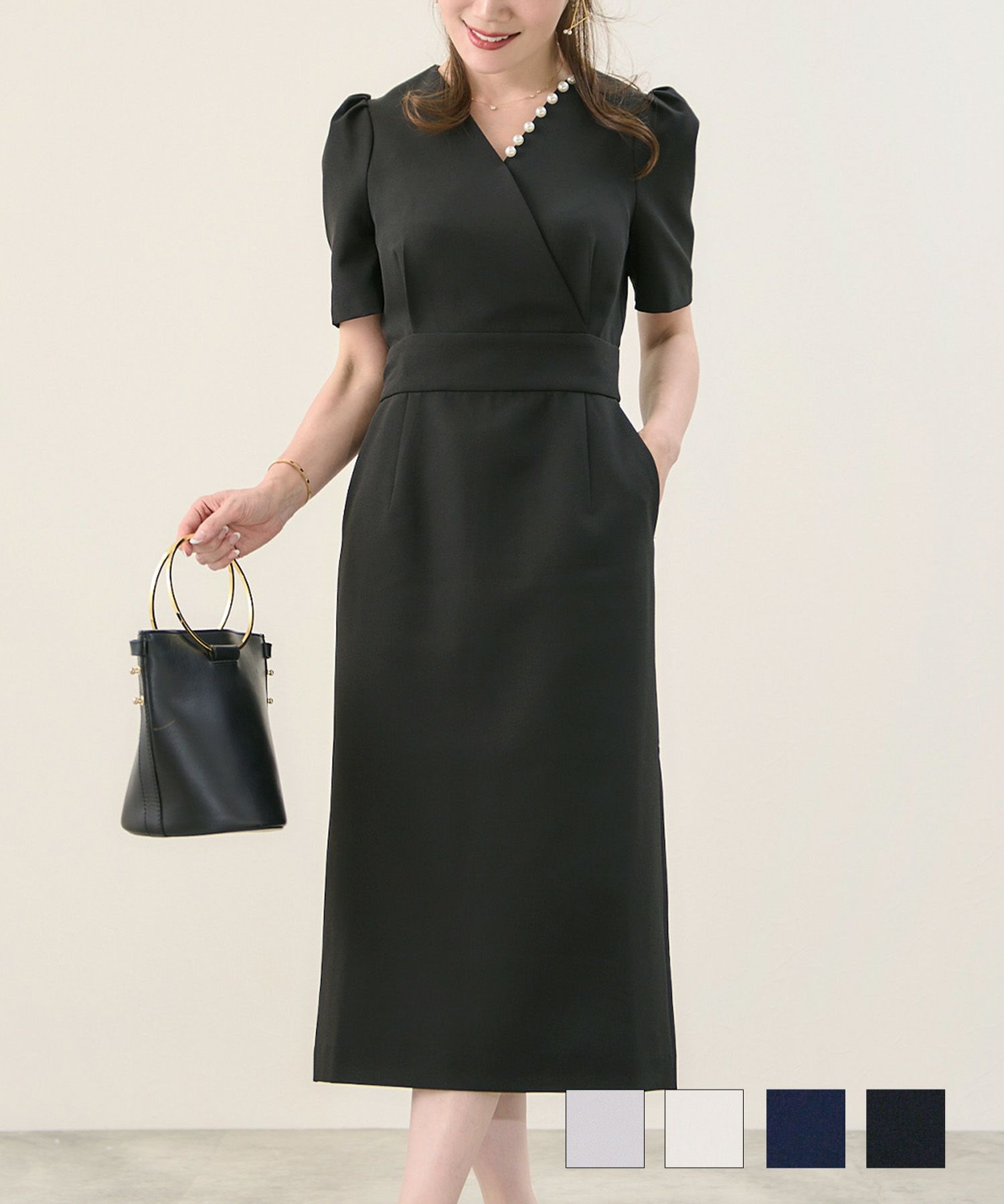 半袖パール付きカシュクールワンピース