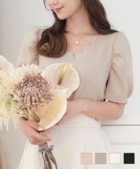 スカラップデザインTシャツlerevevanillerピーチピンク/ピンクベージュ/アイボリー/ダークネイビー