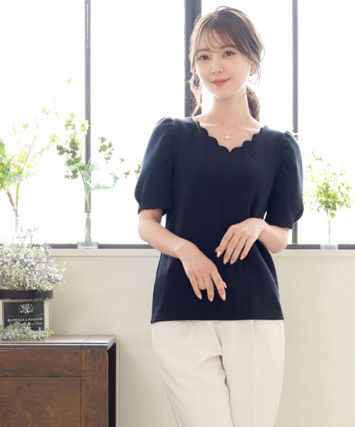 レディース/トップス/Tシャツ/カットソー/スカラップ/半袖/タック/Vネック/夏/春/秋/大人/エレガント/フェミニン/可愛い