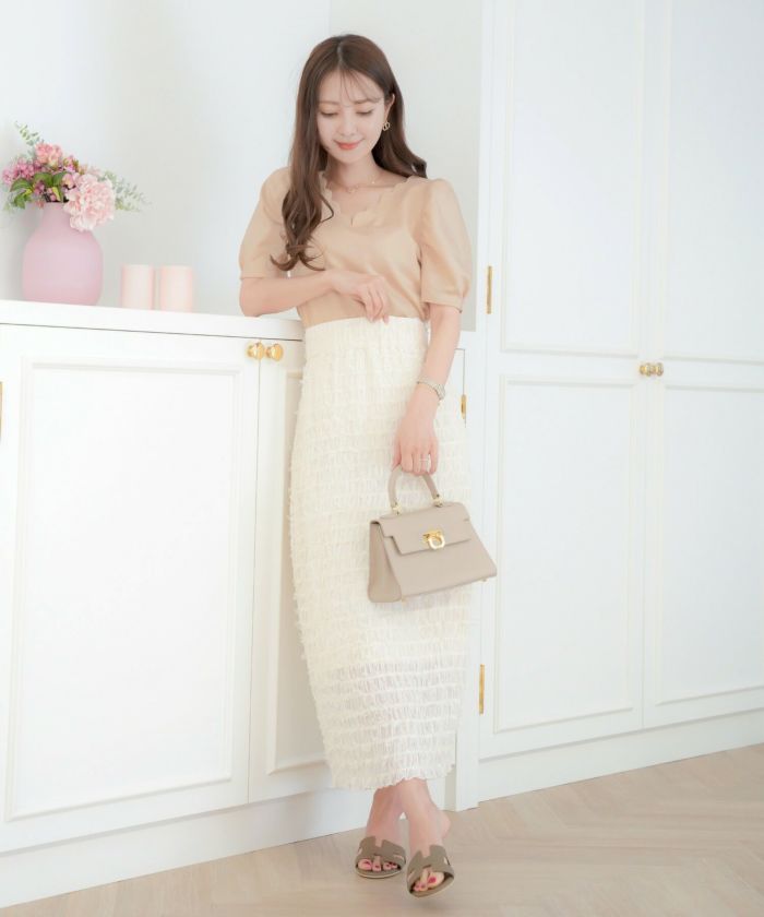 レディース/トップス/Tシャツ/カットソー/スカラップ/半袖/タック/Vネック/夏/春/秋/大人/エレガント/フェミニン/可愛い