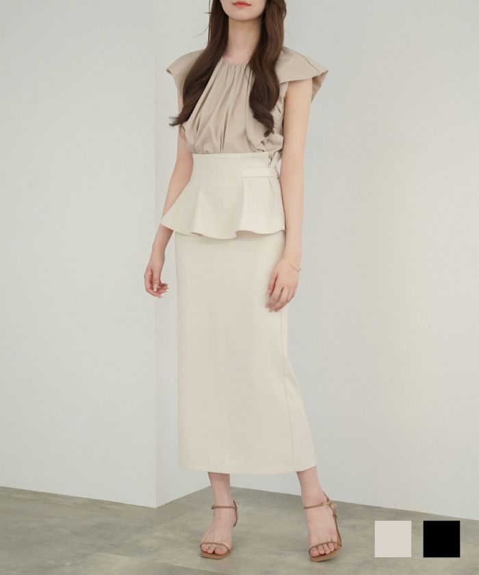 ペプラム ベルト付 ペンシル スカート lieulien ライトベージュ/ブラック