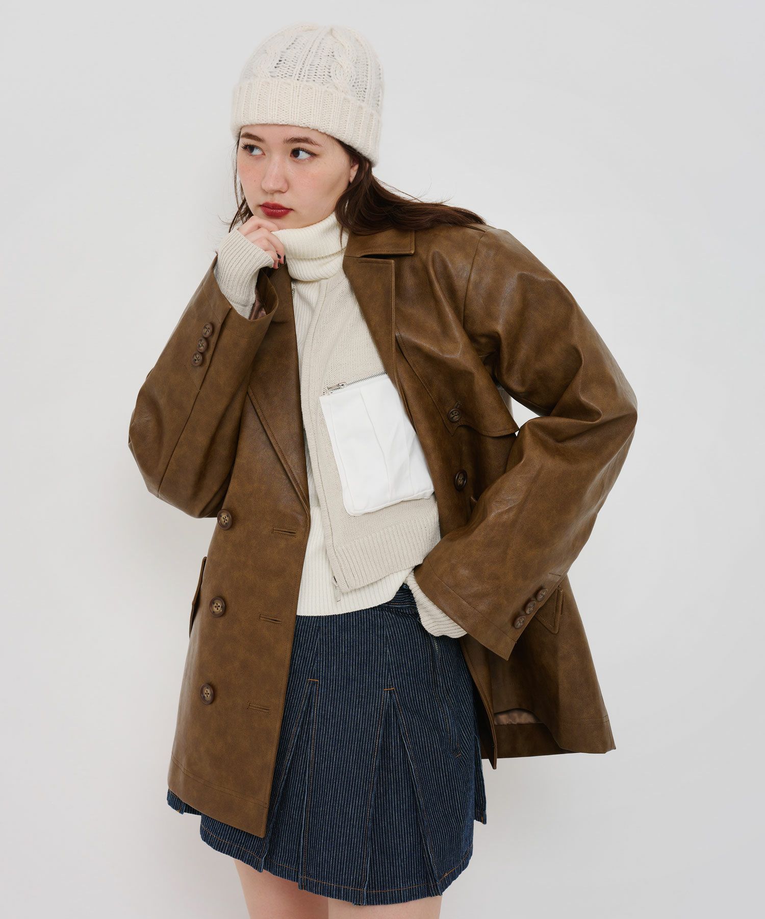 フェイクレザー ダブルブレストジャケット TINA：JOJUN 全2色｜tnj131  