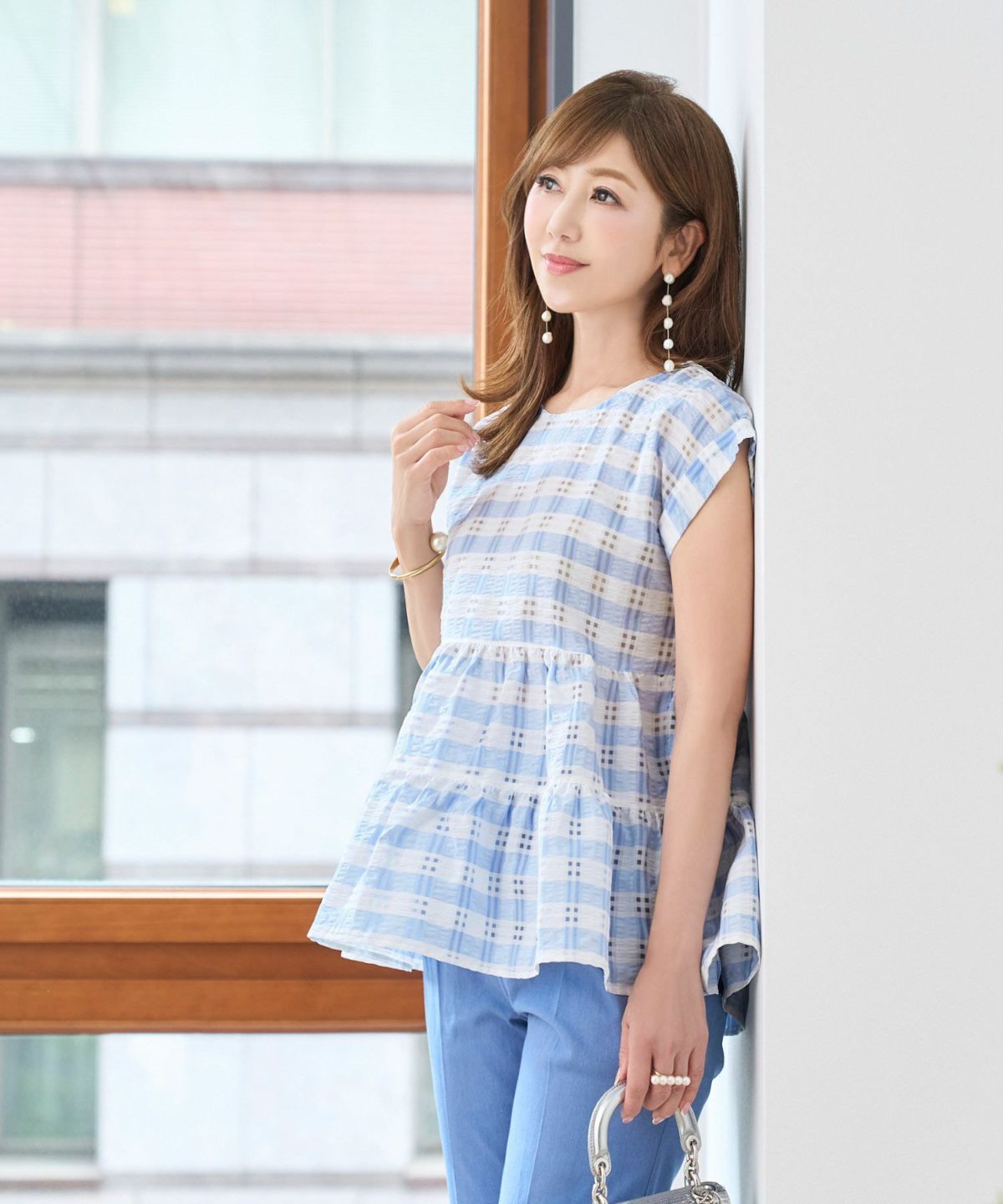 トップス/ブラウス/半袖/シアーチェック/柄/フレア/ティアード/チュニック/ハイウエスト/サックス/イエロー/ブラック/黒/S/M/春/夏/秋/可愛い/かわいい/華やか/大人/上品/