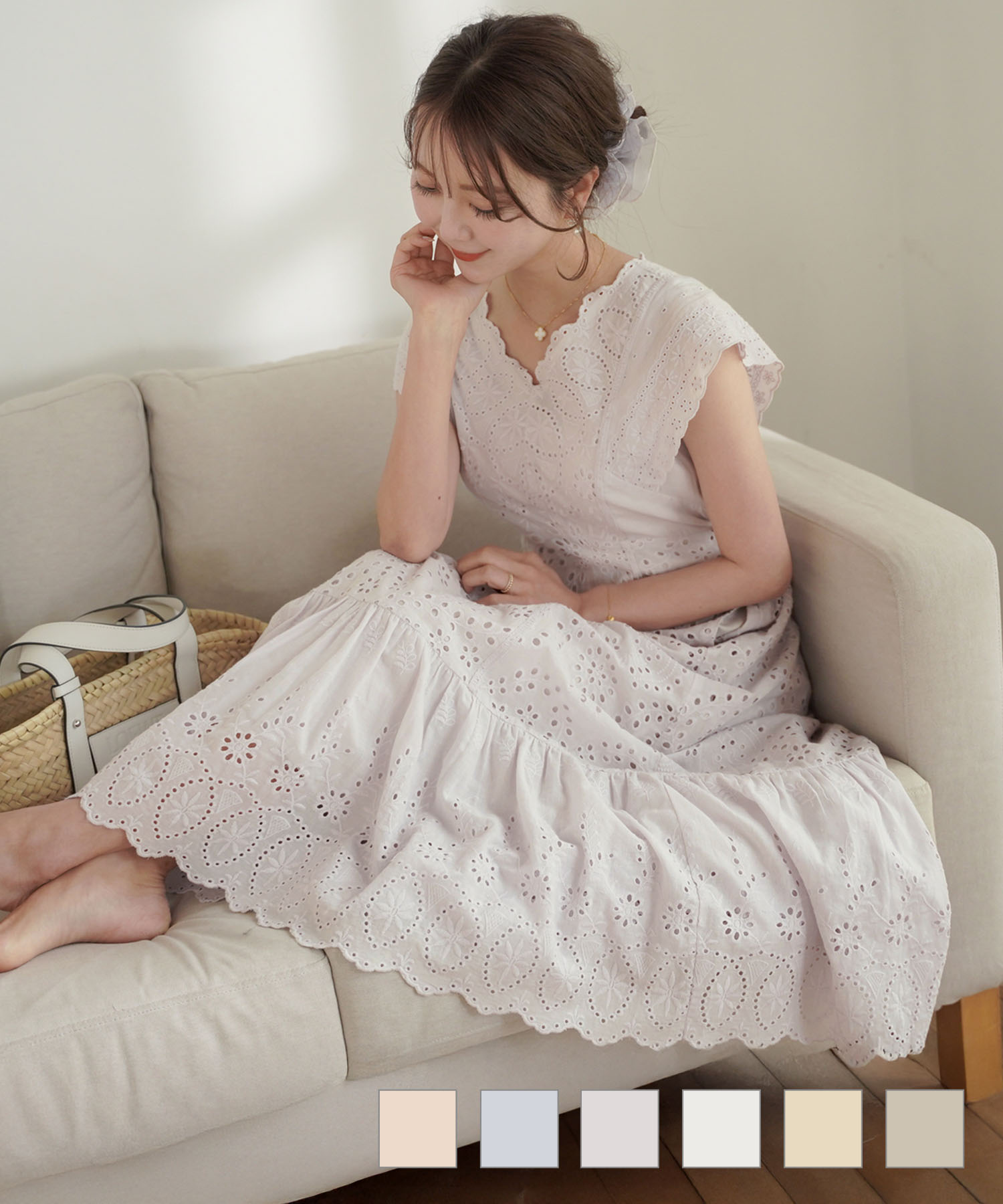 コットンレーススカラップワンピースlerevevanillerピンク/サックス/ラベンダー/ホワイト/レモンクリーム/グレイッシュミント