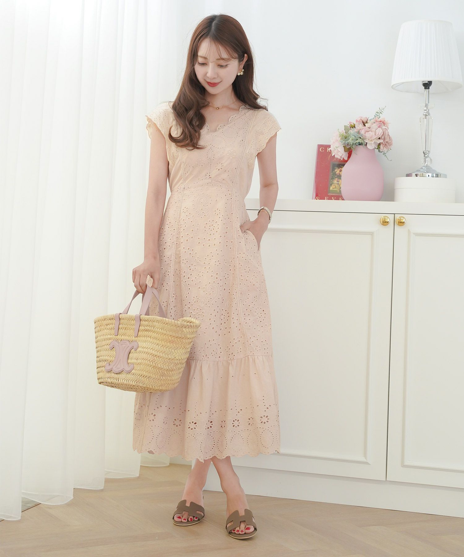 レディース/ワンピース/コットン/スカラップ/レース/梯子レース/ノースリーブ/夏/サマー/お出かけ/カジュアル/エレガント/フリル/バケーション/海/プール/ラベンダー/ホワイト/レモンクリーム/グレイッシュミント/ピンク/サックス/旅行/推し活