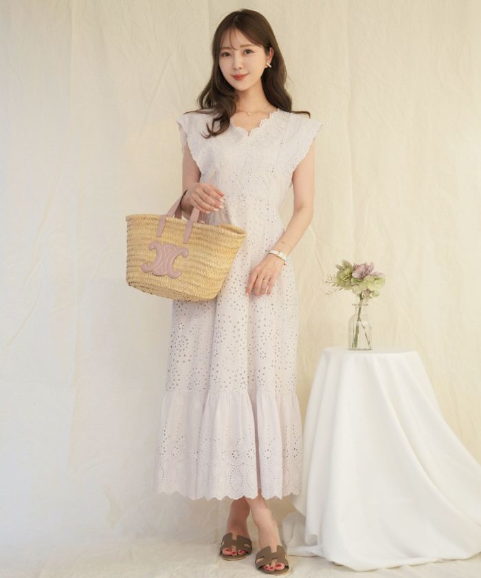 レディース/ワンピース/コットン/スカラップ/レース/梯子レース/ノースリーブ/夏/サマー/お出かけ/カジュアル/エレガント/フリル/バケーション/海/プール/ラベンダー/ホワイト/レモンクリーム/グレイッシュミント/ピンク/サックス/旅行/推し活