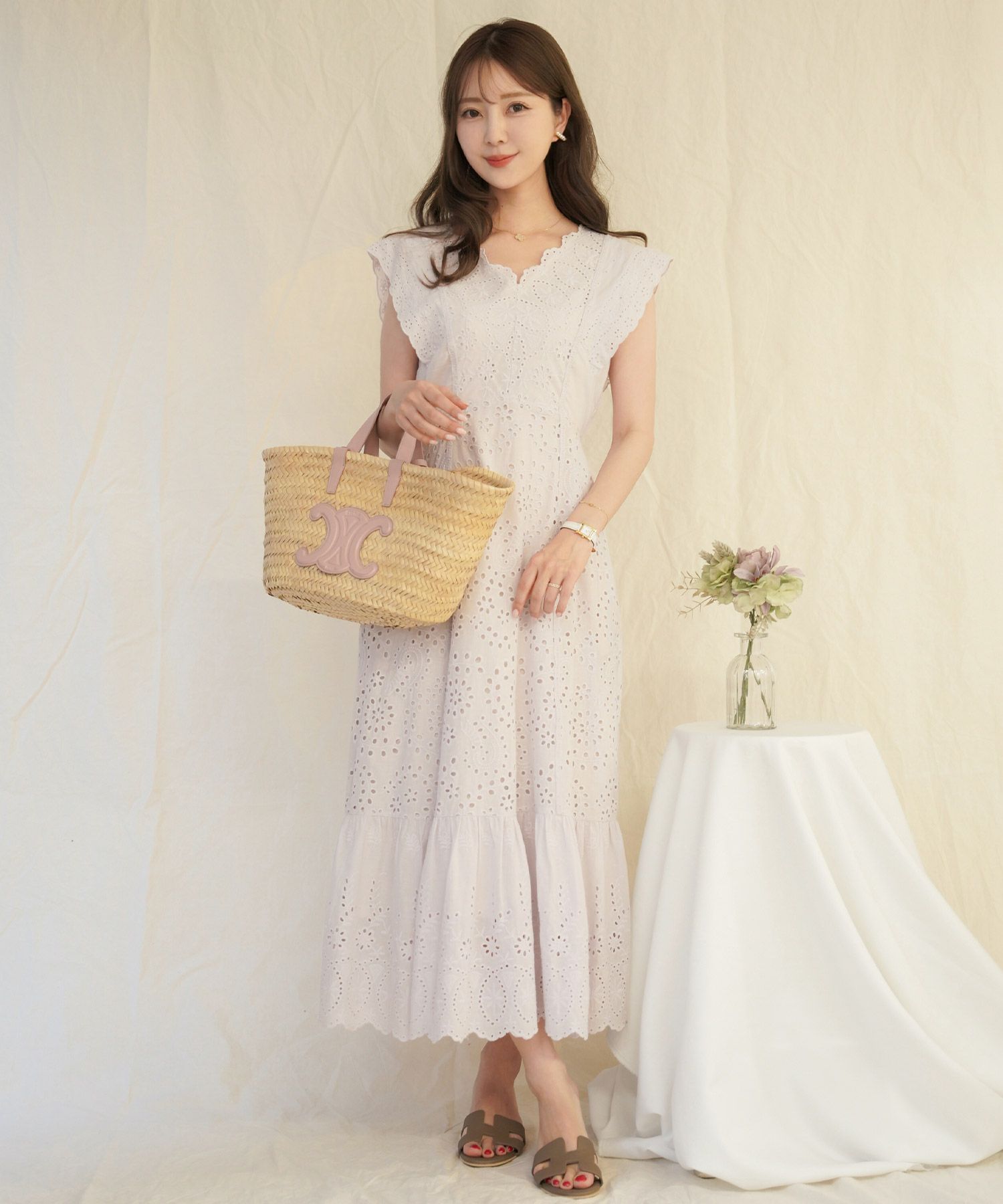 レディース/ワンピース/コットン/スカラップ/レース/梯子レース/ノースリーブ/夏/サマー/お出かけ/カジュアル/エレガント/フリル/バケーション/海/プール/ラベンダー/ホワイト/レモンクリーム/グレイッシュミント/ピンク/サックス/旅行/推し活