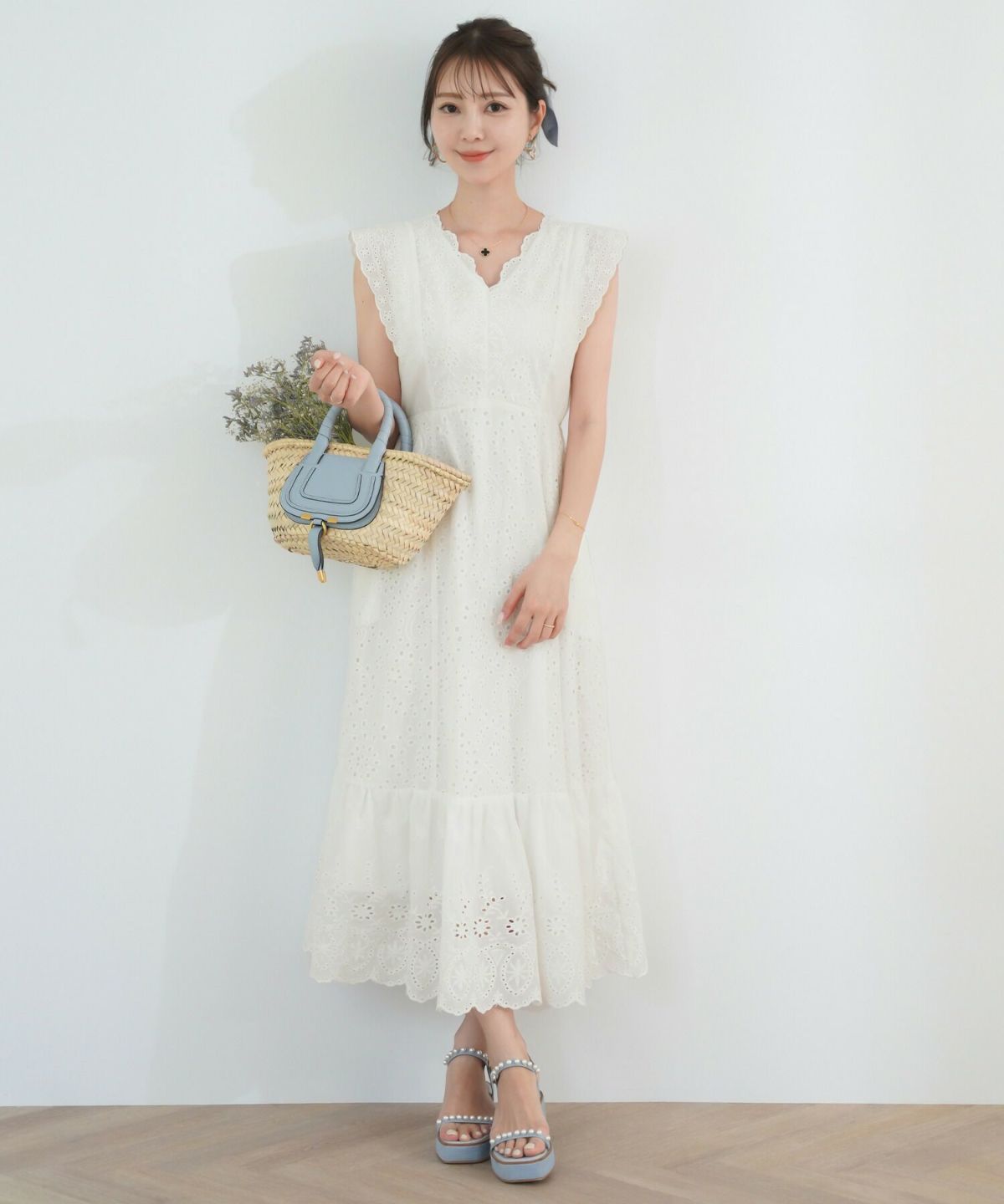 レディース/ワンピース/コットン/スカラップ/レース/梯子レース/ノースリーブ/夏/サマー/お出かけ/カジュアル/エレガント/フリル/バケーション/海/プール/ラベンダー/ホワイト/レモンクリーム/グレイッシュミント/ピンク/サックス/旅行/推し活