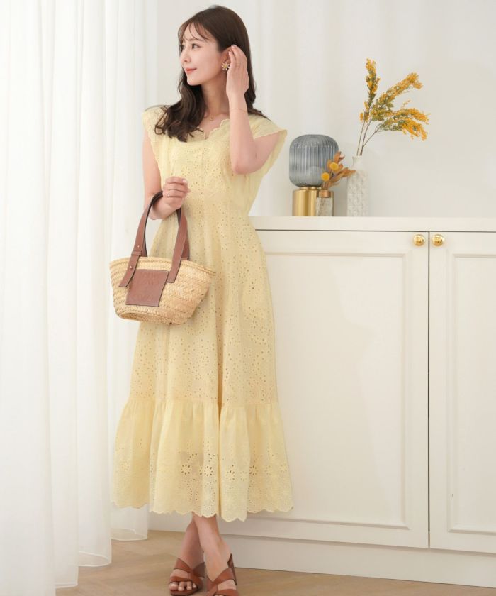 レディース/ワンピース/コットン/スカラップ/レース/梯子レース/ノースリーブ/夏/サマー/お出かけ/カジュアル/エレガント/フリル/バケーション/海/プール/ラベンダー/ホワイト/レモンクリーム/グレイッシュミント/ピンク/サックス/旅行/推し活