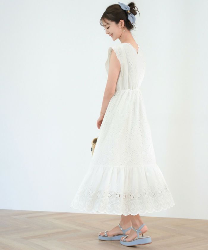 レディース/ワンピース/コットン/スカラップ/レース/梯子レース/ノースリーブ/夏/サマー/お出かけ/カジュアル/エレガント/フリル/バケーション/海/プール/ラベンダー/ホワイト/レモンクリーム/グレイッシュミント/ピンク/サックス/旅行/推し活