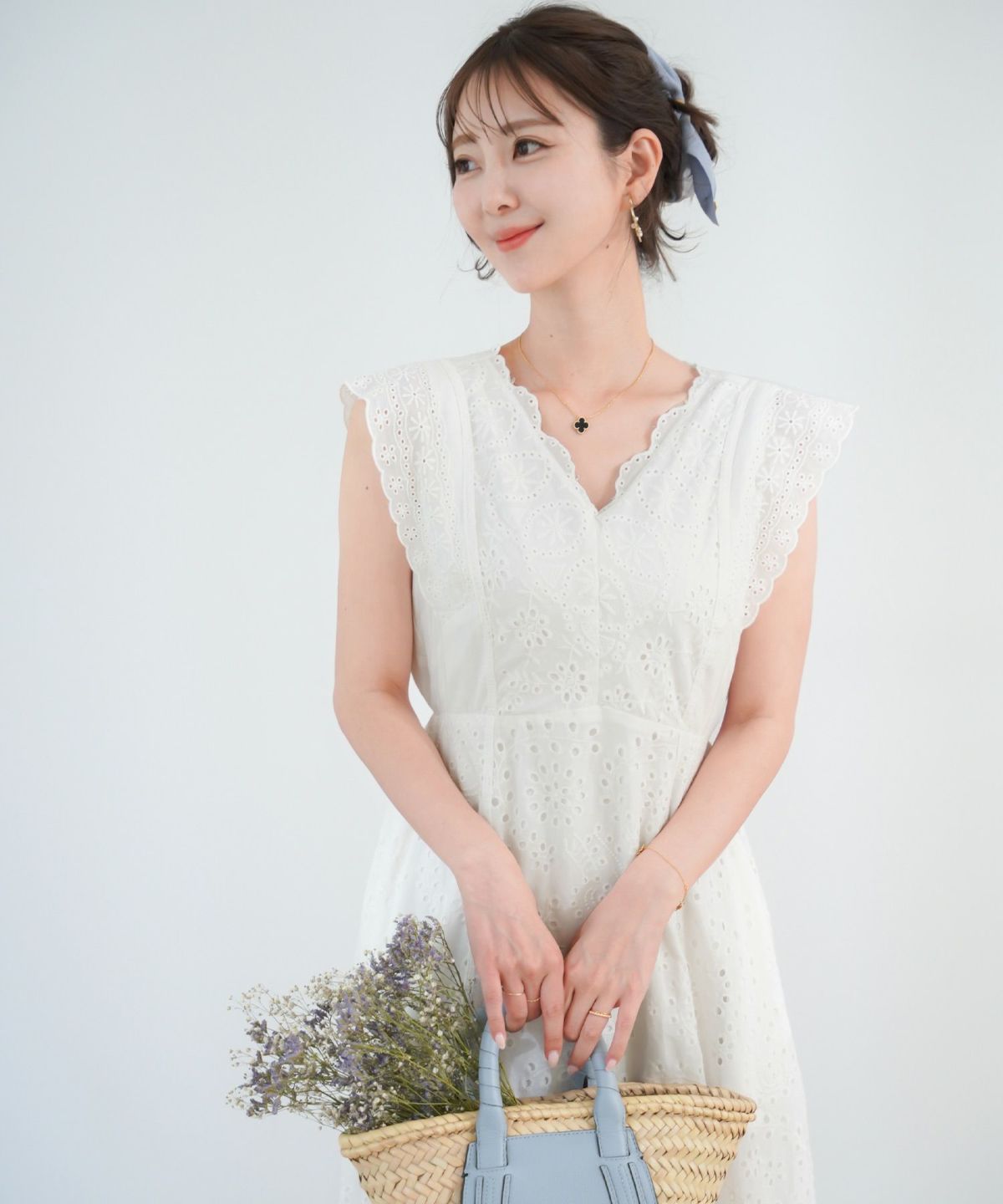 レディース/ワンピース/コットン/スカラップ/レース/梯子レース/ノースリーブ/夏/サマー/お出かけ/カジュアル/エレガント/フリル/バケーション/海/プール/ラベンダー/ホワイト/レモンクリーム/グレイッシュミント/ピンク/サックス/旅行/推し活