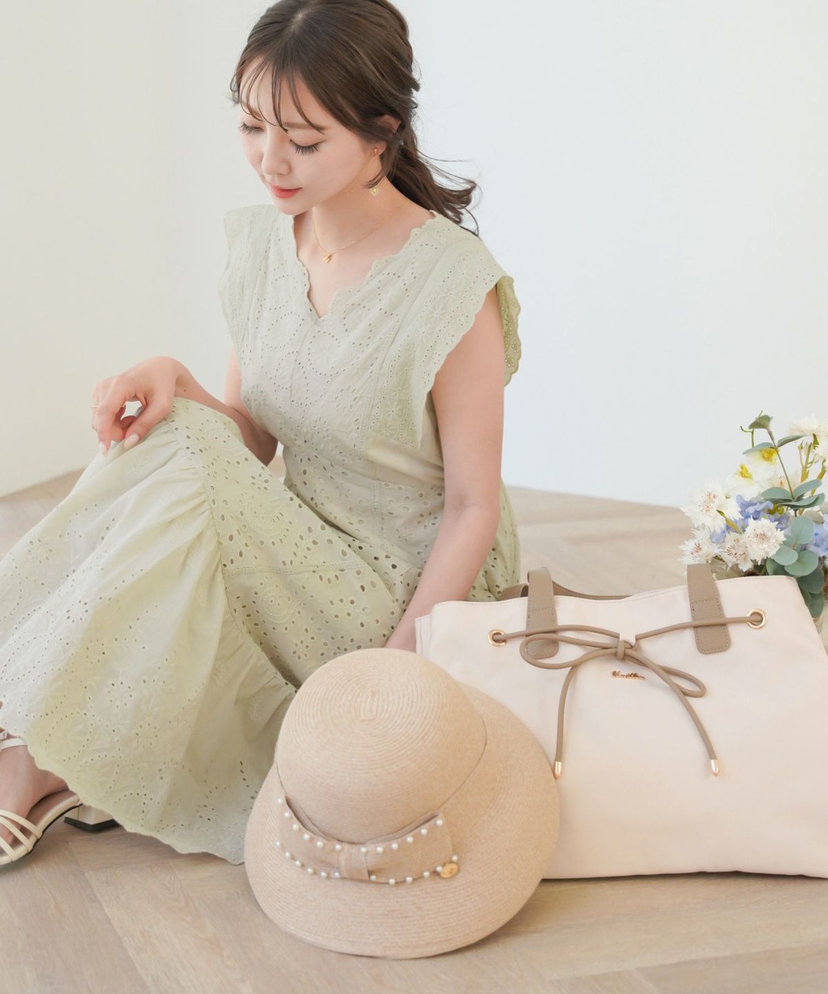 レディース/ワンピース/コットン/スカラップ/レース/梯子レース/ノースリーブ/夏/サマー/お出かけ/カジュアル/エレガント/フリル/バケーション/海/プール/ラベンダー/ホワイト/レモンクリーム/グレイッシュミント/ピンク/サックス/旅行/推し活