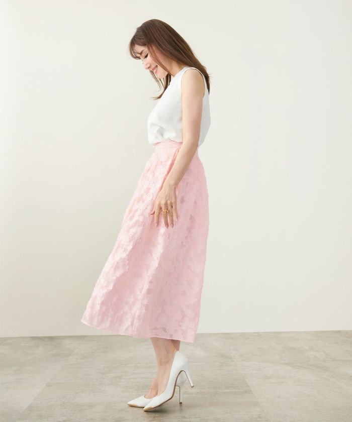 無地ジャガード/ミモレ丈/シアー/花柄/フラワー/エレガント/タック入り/タックスカート/フェミニン/大人可愛い/上品