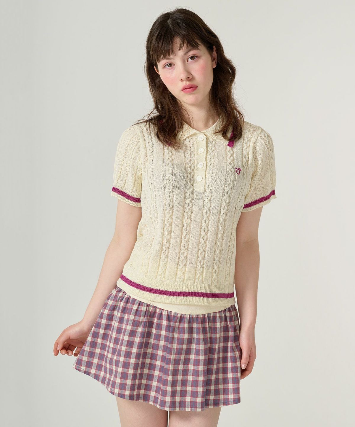 トップス/サマー/ポロニット/ピンク/カーキ