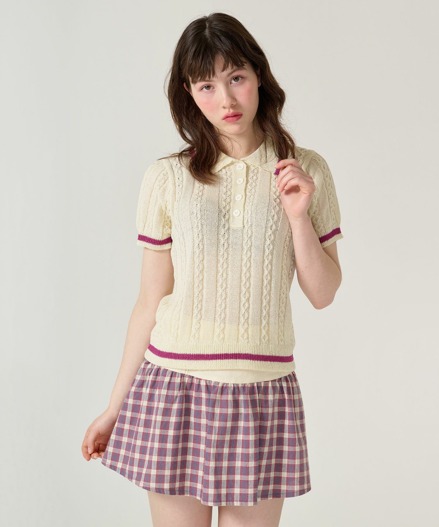 トップス/サマー/ポロニット/ピンク/カーキ