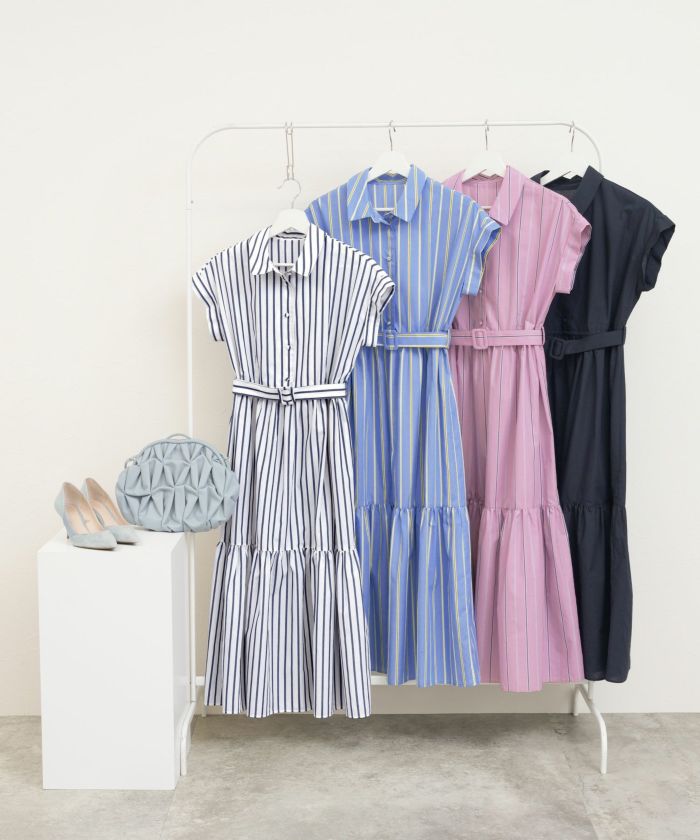 ストライプ 襟付き ティアード ロングワンピース Liala×PG 全4色