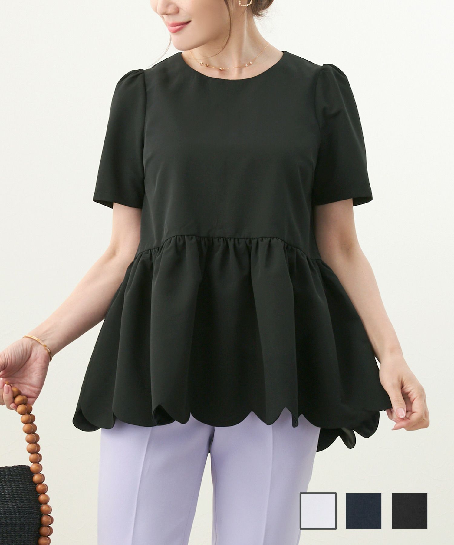 スカラップ ペプラム Uネック ブラウス Liala×PG